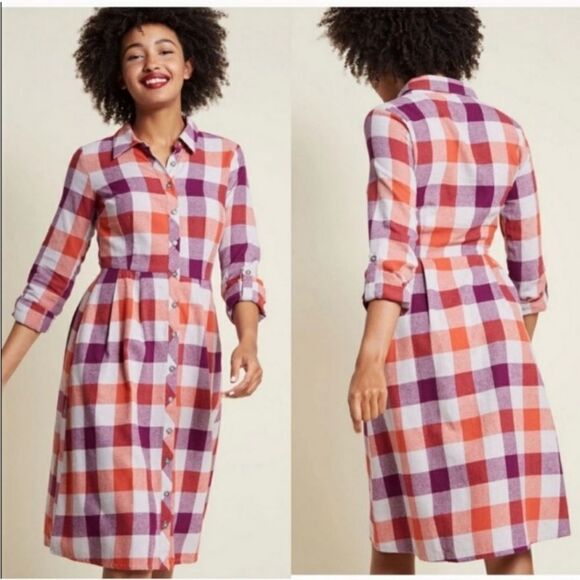 Modcloth Women's Flannel Jam Midi Dress with Pockets Size 24 Purple/Orange Plaid - Picture 1 of 12